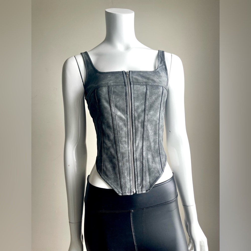 PrettyLittleThing Gray Faux Suede Corset Top XS US 0 Y2K Going Out Zip Front
